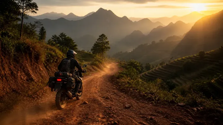 Adventure motorcycle riding on a dusty mountain road in Southeast Asia at golden hour.