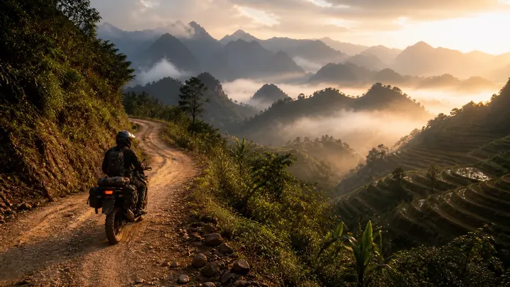 Adventure motorcycle on a winding mountain track above misty terraces and ridges.