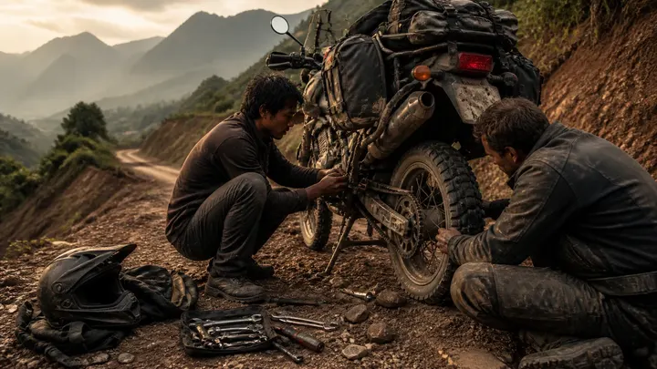 Two riders repairing a motorcycle on a rugged mountain road with tools on the ground.