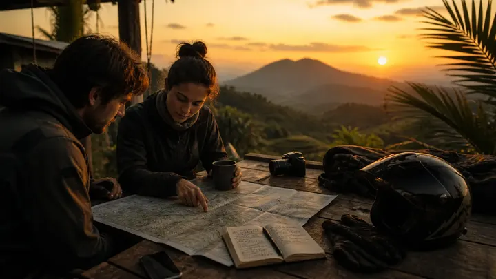 Two travelers reviewing a paper map at sunset with motorcycle gear on a wooden table.