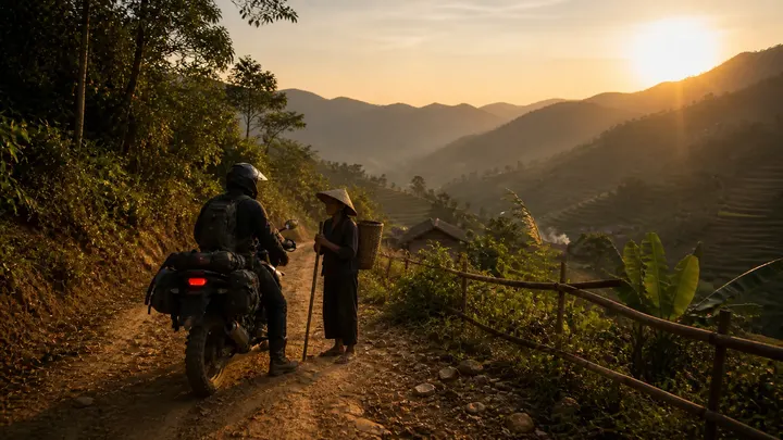 Motorcycle rider meeting a local person on a mountain road at golden hour.