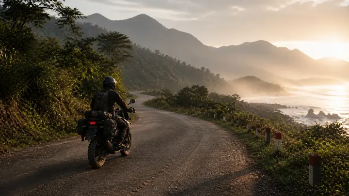Motorcycle rider on a quiet coastal mountain road at dawn.