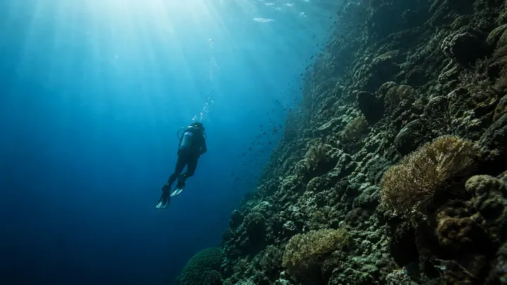 Scuba diver descending beside a tropical reef wall with sun rays in blue water.