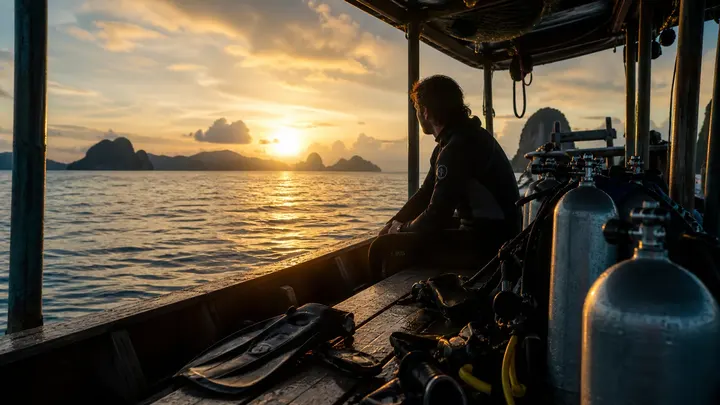 Diver sitting on a boat at golden hour with scuba tanks and tropical islands in the distance.