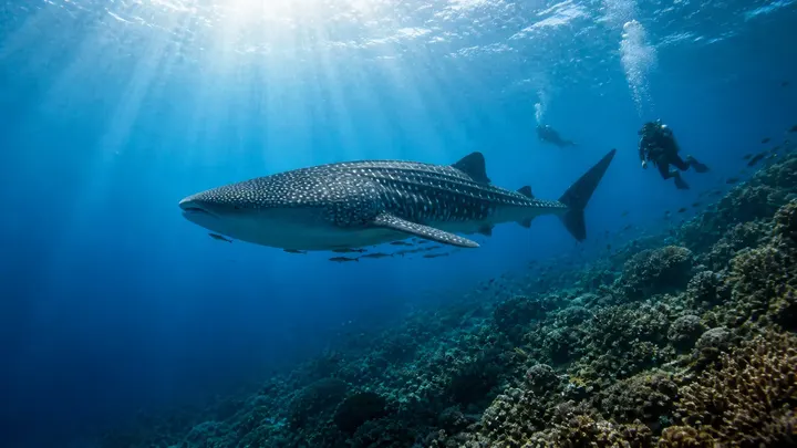 Whale shark swimming near divers and a coral reef in clear tropical blue water.